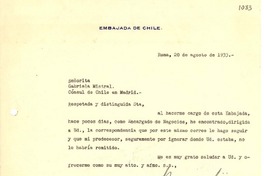 [Carta] 1933 ago. 20, Roma, [Italia] [a] Gabriela Mistral, Madrid, [España]