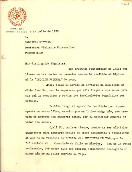[Carta] 1933 jul. 4, Santiago [a] Gabriela Mistral, Puerto Rico