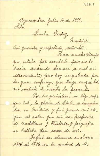 [Carta] 1933 jul. 10, Pontevedra, [españa] [a] Gabriela Mistral, Madrid