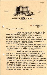 [Carta] 1933 ago. 22, Alexandria, Egypte [a] Gabriela [Mistral], [Madrid, España]