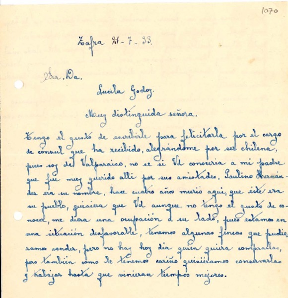 [Carta] 1933 jul. 21, Zafra, [España] [a] Gabriela Mistral