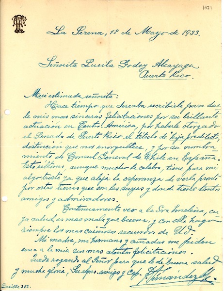 [Carta] 1933 mayo 1, La Serena [a] Gabriela Mistral, Puerto Rico