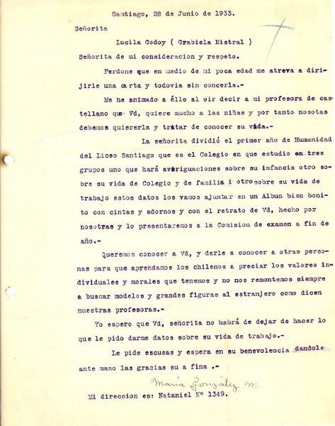 [Carta] 1933 jun. 28, Santiago [a] Gabriela Mistral