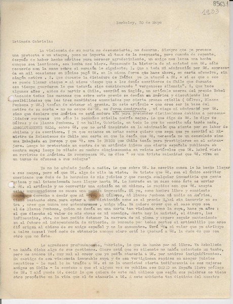 [Carta] [1933?] mayo 20, Berkeley, [EE.UU.] [a] Gabriela Mistral