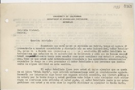 [Carta] [1933, Berkeley, EE.UU.] [a] Gabriela Mistral, Madrid