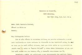 [Carta] [1932?], New York, EEUU [a] Gabriela Mistral, Madrid, España