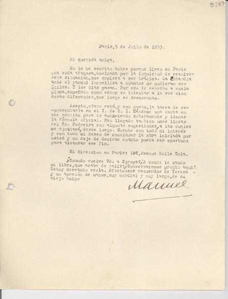 [Carta] 1933 jul. 5, París, [Francia] [a] [Gabriela Mistral]