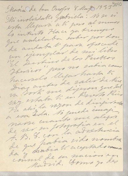 [Carta] 1933 mayo 8, María de San Onofre, [España] [a] Gabriela Mistral