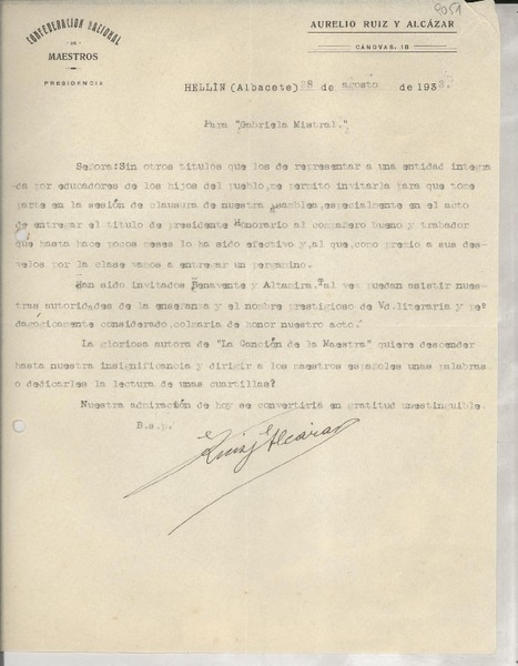 [Carta] 1933 ago. 28, Hellín, Albacete, [España] [a] Gabriela Mistral