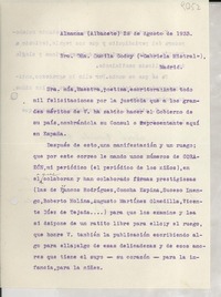 [Carta] 1933 ago. 28, Almansa, Albacete, [España] [a] Gabriela Mistral, Madrid, [España]
