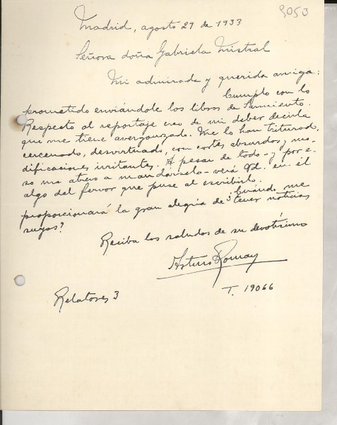 [Carta] 1933 ago. 29, Madrid, [España] [a] Gabriela Mistral