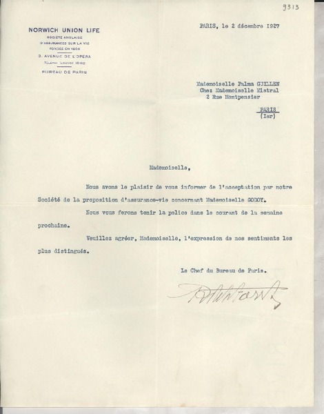 [Carta] 1927 dic 2, París, [Francia] [a] Palma Guillén, París
