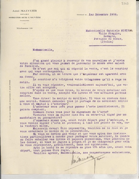 [Carta] 1932 déc. 1, Sorgues, [Francia] [a] Gabriela Mistral, Villa Piaggio, Lavagna, Italia