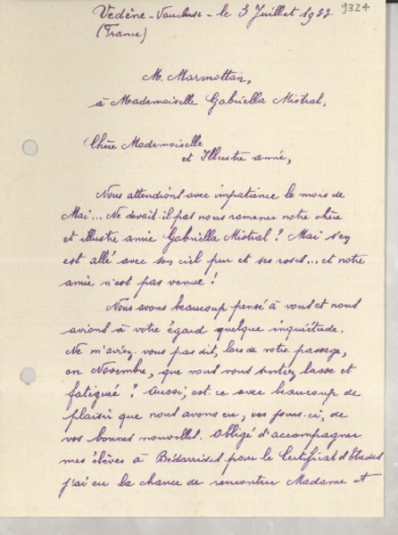 [Carta] 1933 juil. 3, Vedéne, France [a] Gabriella [i.e. Gabriela] Mistral