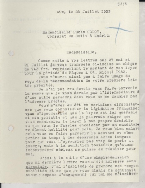 [Carta] 1933 juil 28, Aix en Provence, [Francia] [a] Lucila Godoy, Madrid