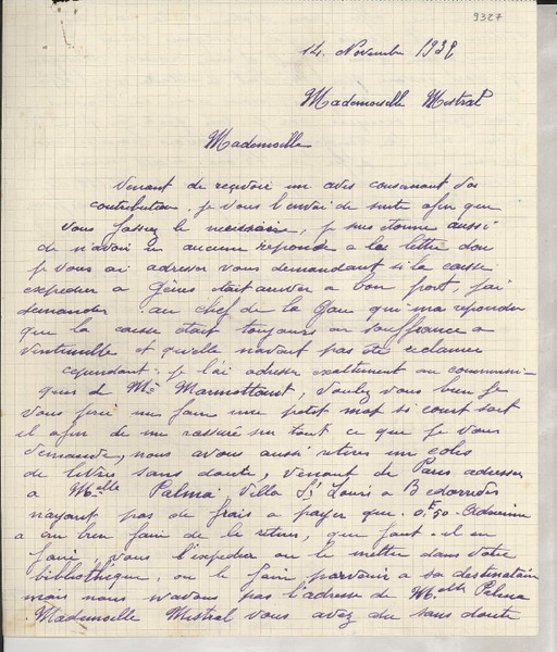 [Carta] 1933 nov. 14, Bedarrides, [Francia] [a] [Gabriela] Mistral