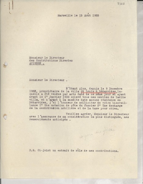 [Carta] 1933 août 15, Marseille, [Francia] [a] le Directeur des Contributions Directes, Avignon, [Francia]