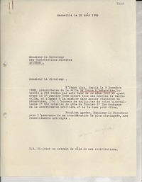 [Carta] 1933 août 15, Marseille, [Francia] [a] le Directeur des Contributions Directes, Avignon, [Francia]