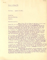 [Carta] 1951 ago, Santiago [a] Gabriela Mistral, Rapallo