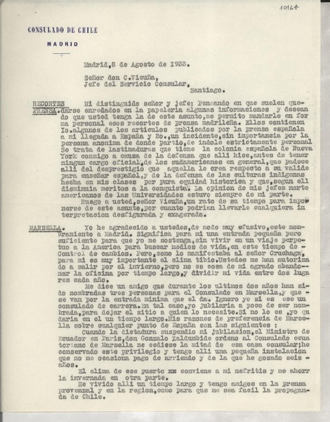 [Carta] 1933 ago. 8, Madrid, [España] [a] Don C. Vicuña, Jefe del Servicio Consular, Santiago, Chile