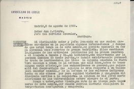 [Carta] 1933 ago. 8, Madrid, [España] [a] Don C. Vicuña, Jefe del Servicio Consular, Santiago, Chile