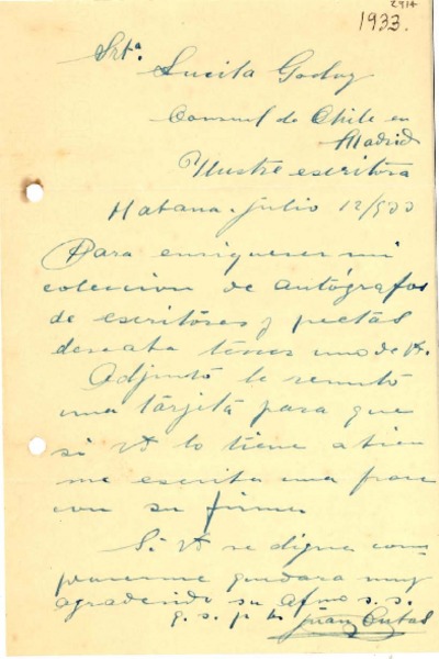 [Carta] 1933 jul. 12, La Habana [a] Lucila Godoy, Madrid
