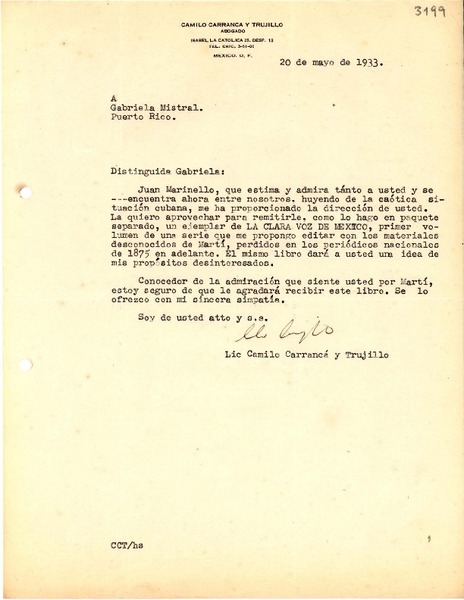 [Carta] 1933 mayo 20, México, D. F., México [a] Gabriela Mistral, Puerto Rico