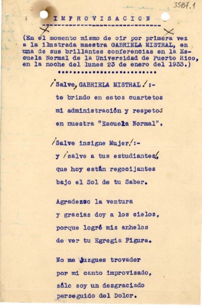 [Carta] 1933 ene. 23, Río Piedras, Puerto Rico [a] Gabriela Mistral