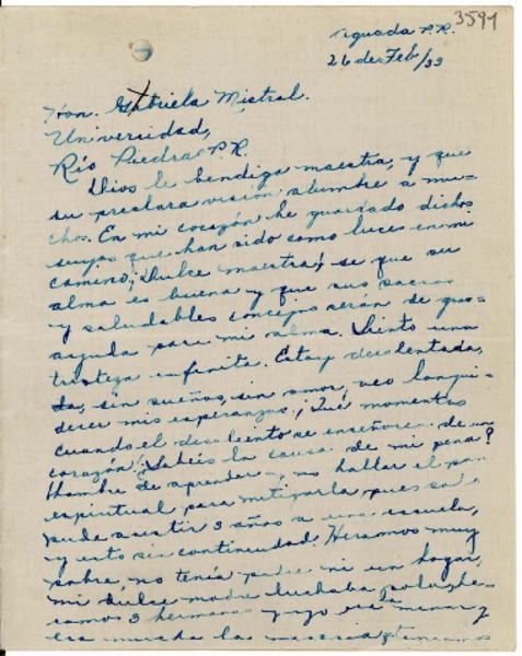 [Carta] 1933 feb. 26, Aguada, Puerto Rico [a] Gabriela Mistral, Río Piedras, Puerto Rico
