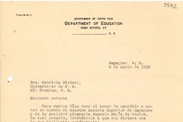 [Carta] 1933 mar. 8, Mayaguez, Puerto Rico [a] Gabriela Mistral, Río Piedras, Puerto Rico