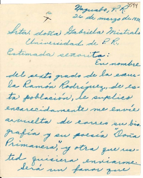 [Carta] 1933 mar. 26, Naguabo, Puerto Rico [a] Gabriela Mistral, Universidad de Puerto Rico