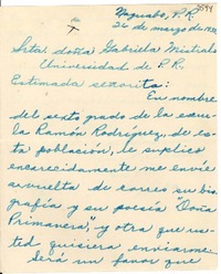 [Carta] 1933 mar. 26, Naguabo, Puerto Rico [a] Gabriela Mistral, Universidad de Puerto Rico