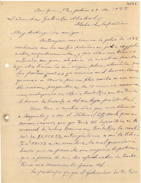 [Carta] 1933 jul. 27, San Juan, Puerto Rico [a] Gabriela Mistral, Madrid, España