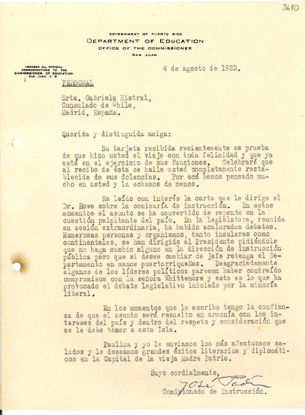 [Carta] 1933 ago. 4, San Juan, [Puerto Rico] [a] Gabriela Mistral, Madrid, España