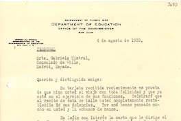 [Carta] 1933 ago. 4, San Juan, [Puerto Rico] [a] Gabriela Mistral, Madrid, España