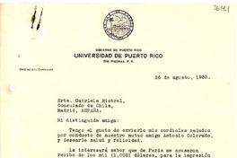 [Carta] 1933 ago. 20, Río Piedras, Puerto Rico [a] Gabriela Mistral, Madrid, España
