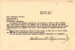 [Carta] 1933 mayo, Carolina, Puerto Rico [a] Gabriela Mistral, Santurce, Puerto Rico