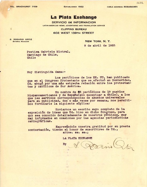 [Carta] 1925 abr. 9, New York [a] Gabriela Mistral, Santiago de Chile