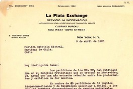 [Carta] 1925 abr. 9, New York [a] Gabriela Mistral, Santiago de Chile