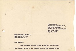 [Carta] 1933 mayo 31, New York [a] Gabriela Mistral, Río Piedras, Puerto Rico
