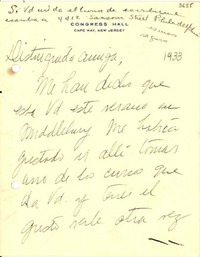 [Carta] 1933, New Jersey [a] Gabriela Mistral