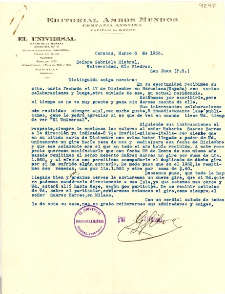 [Carta] 1933 mar. 6, Caracas [a] Gabriela Mistral, Río Piedras, San Juan, Puerto Rico