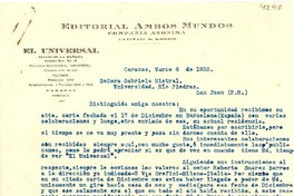 [Carta] 1933 mar. 6, Caracas [a] Gabriela Mistral, Río Piedras, San Juan, Puerto Rico
