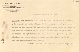 [Carta] 1933 mayo 20, Carora, Estado Lara, Venezuela [a] Gabriela Mistral