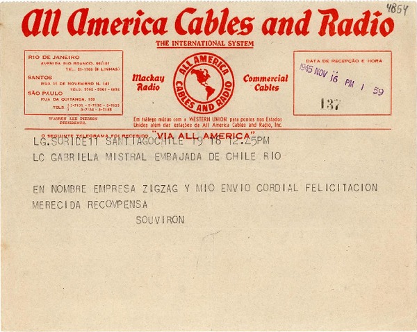 [Telegrama] 1945 nov. 16, Santiago, Chile [a] Gabriela Mistral, Rio [de Janeiro]