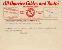 [Telegrama] 1945 nov. 16, Santiago, Chile [a] Gabriela Mistral, Rio [de Janeiro]