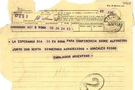 [Telegrama] 1952 abr. 24, Roma [a] Gabriela Mistral, Nápoles