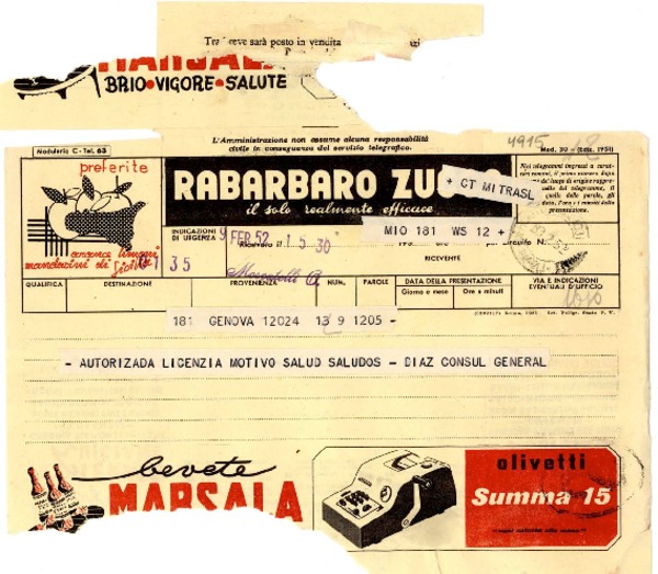 [Telegrama] 1952 feb. 9, Génova [a] Gabriela Mistral, Nápoles