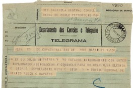[Telegrama] 1943 ago. 21, Río de Janeiro [a] Gabriela Mistral, Petrópolis
