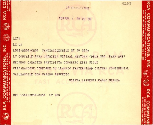 [Telegrama] 1953 abr. 1, Santiago de Chile [a] Gabriela Mistral, Nueva York